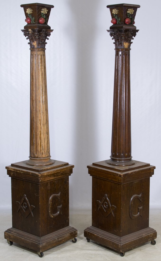 Oak Masonic Ceremonial Columns: Oak Masonic Ceremonial Columns c.1955; matching pair of ornate columns Height: 75.50 inches, Width: 15.50 inches, Depth: 15.50 inches Category: Furniture > American Shipping Status: 3rd Party Shipping