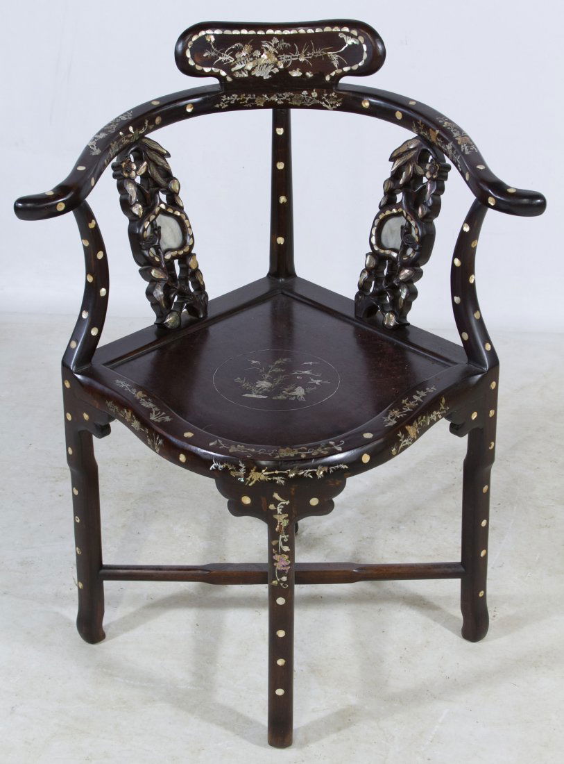 Asian Mother of Pearl Corner Arm Chair: Asian Mother of Pearl Corner Arm Chair Having mother of pearl inlays on seat, back, arms, legs and supports Height: 33.00 inches, Width: 26.00 inches, Depth: 21.00 inches Category: Furniture > Contemp