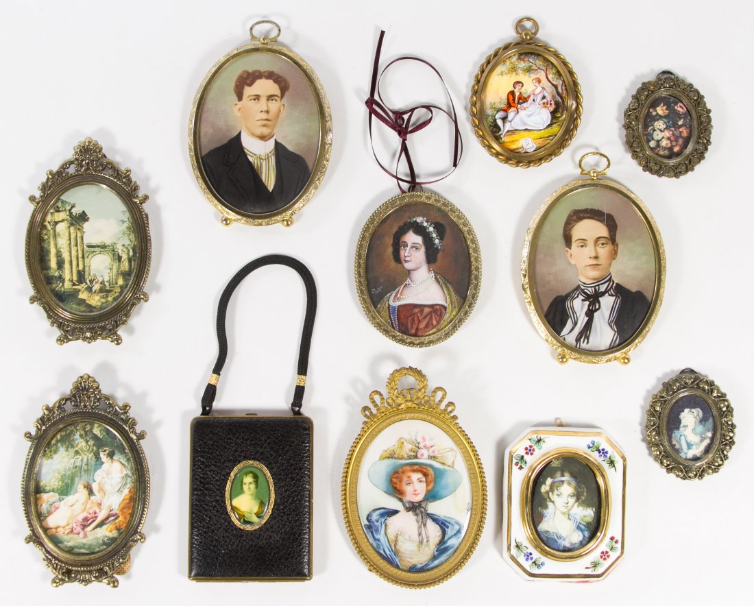 Framed Miniature Portrait Assortment: Framed Miniature Portrait Assortment Eleven items including two hand tinted photographs, (8) 18th and 19th century style portraits with two having signatures and a compact purse with a printed portrai