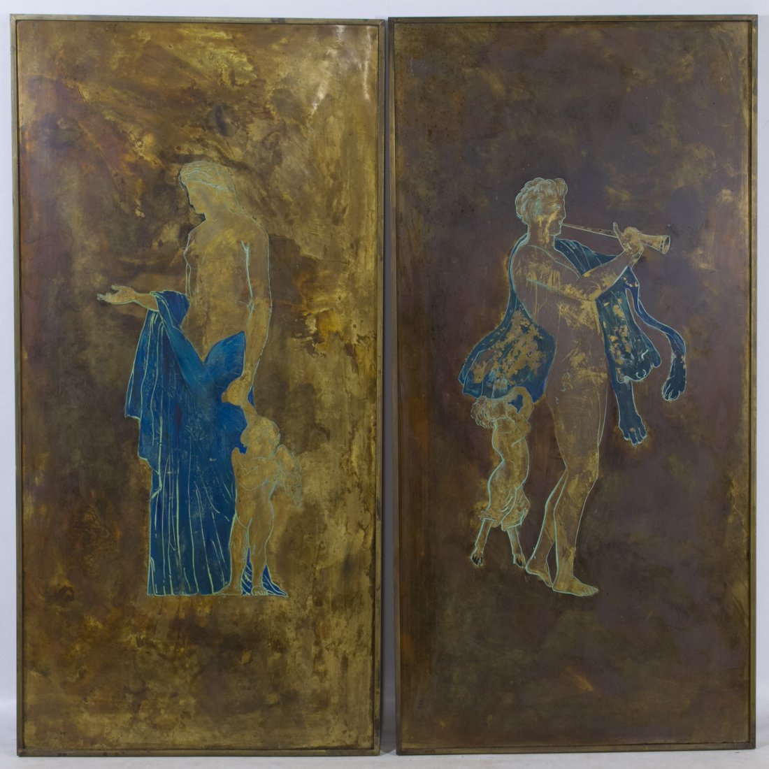 Philip and Kelvin Laverne (American, 20th/21st Century): Philip and Kelvin Laverne (American, 20th/21st Century) Copper Panels Two panels, undated, signed lower right of female panel, one depicting a female and cherub, the other a male and Pan Height: 47.50