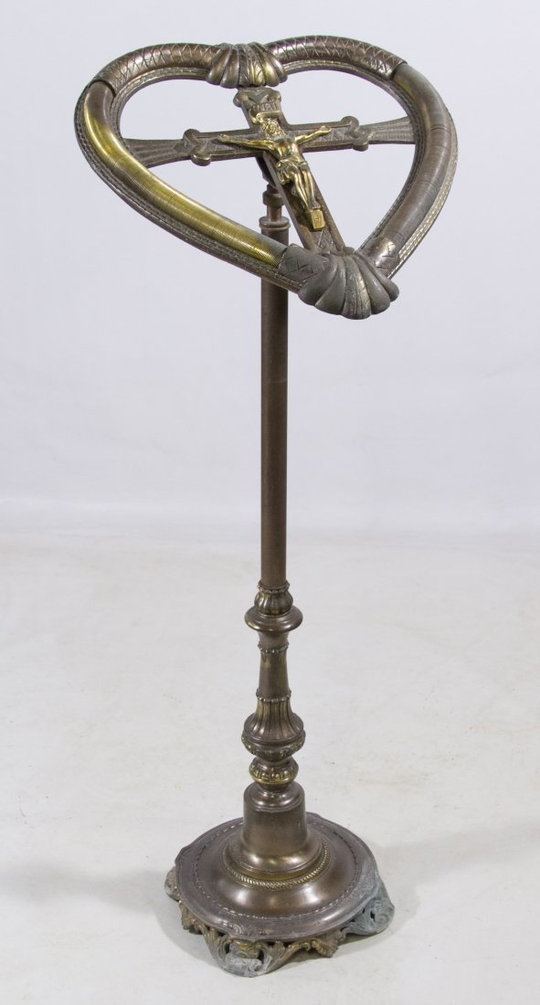 Religious Stand: Religious Stand Having a brass heart shaped card holder with crucifix in center Height: 45.00 inches, Width: 17.00 inches, Depth: 18.00 inches Category: Decorative Arts > Objects Shipping Status: 3rd 