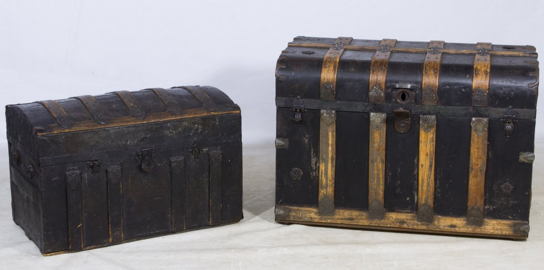 Steamer Trunks: Steamer Trunks Two trunks; one flat top and one hump back Height: 23.00 inches, Width: 34.00 inches, Depth: 20.00 inches (largest) Category: Decorative Arts > Objects Shipping Status: 3rd Party Shippi