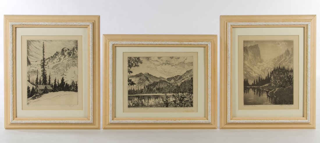 Lyman Byxbe (American, 1887-1980) Etchings: Lyman Byxbe (American, 1887-1980) Etchings Including 'Ranger's Cabin', 'Dream Lake' and 'Bear Lake and Lang's' Height: 8.00 inches, Width: 6.25 inches (widest etching) Category: Decorative Arts > Etch