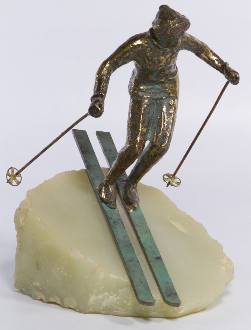 Curtis Jere (American, d.2008) 'Skier' Sculpture: Curtis Jere (American, d.2008) 'Skier' Sculpture c.1972, signed on ski Height: 9.75 inches Category: Decorative Arts > Statues Shipping Status: Leonard Auction, Inc. will directly ship via USPS Approx