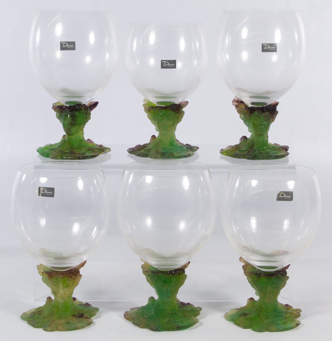 Daum Pate de Verre Wine Glasses: Daum Pate de Verre Wine Glasses Six signed 'Daum France' wine glasses each with frosted green and purple stems forming a female face Height: 7.00 inches (tallest) Category: Crystal > Daum Shipping Sta