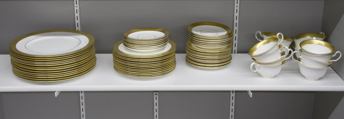 Wedgewood 'Ascot' China Service: Wedgewood 'Ascot' China Service Including (14) dinner plates, (14) saucers, (14) cups, (14) dessert plates and (14) bread plates with gold rims Diameter: 12.00 inches (dinner plate) Category: Porcelai