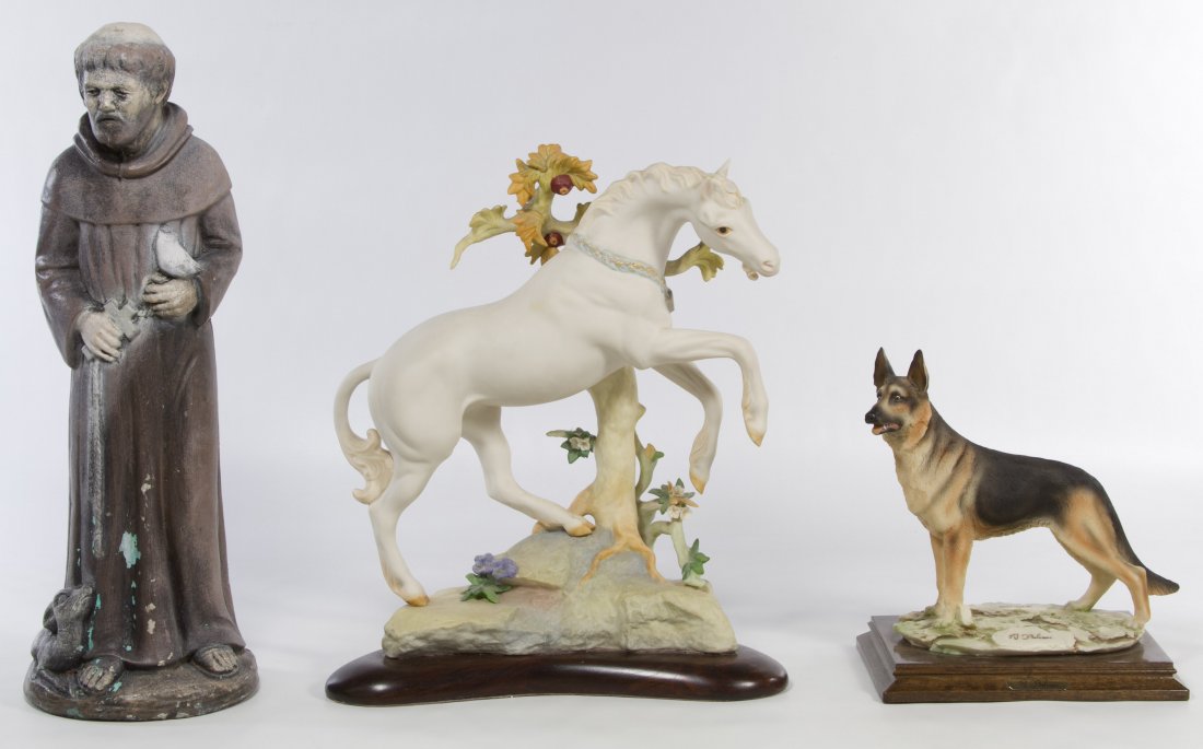Cybis Porcelain Unicorn: Cybis Porcelain Unicorn Number 463; together with a 1979 Henri Studios standing St Francis and an A. Belcari German shepherd statue Height: 15.50 inches (tallest) Category: Porcelain and Ceramics > Mi