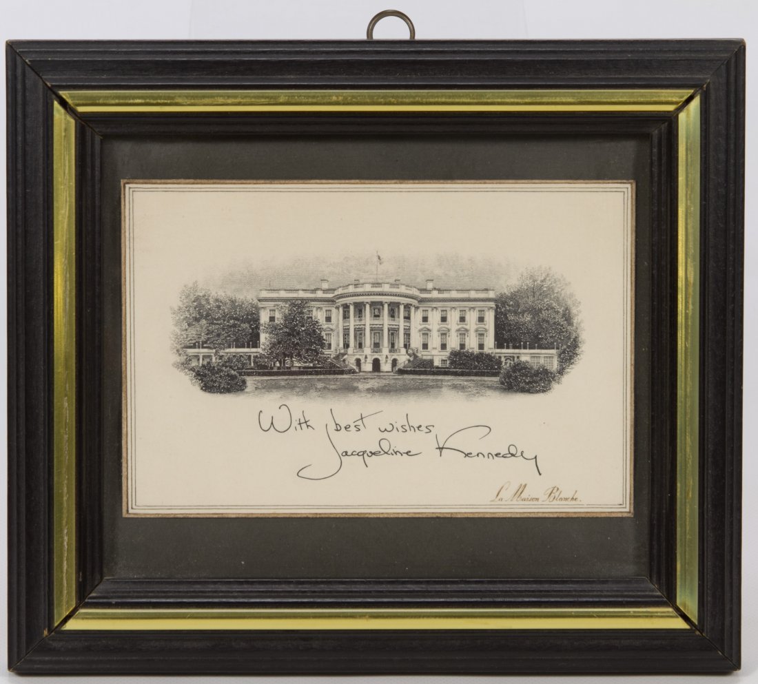 Jacqueline 'Jackie' Kennedy Autographed Card: Jacqueline 'Jackie' Kennedy Autographed Card Having the former First Lady's signature in ink on an engraved image of the White House and a second signature of hers on the back craft paper with 'Washin