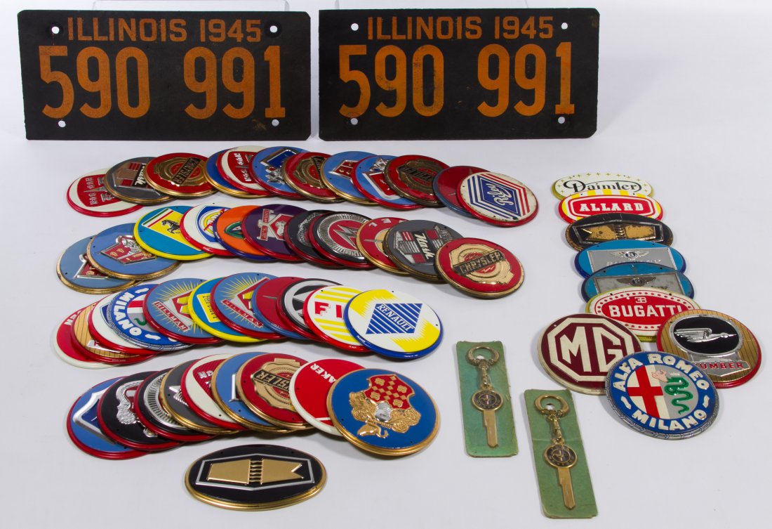 Wheaties Cereal Premium Automobile Emblem Badge: Wheaties Cereal Premium Automobile Emblem Badge Assortment Including (52) General Mills Wheaties cereal premium emblems representing various American and foreign automobiles; together with a set of tw