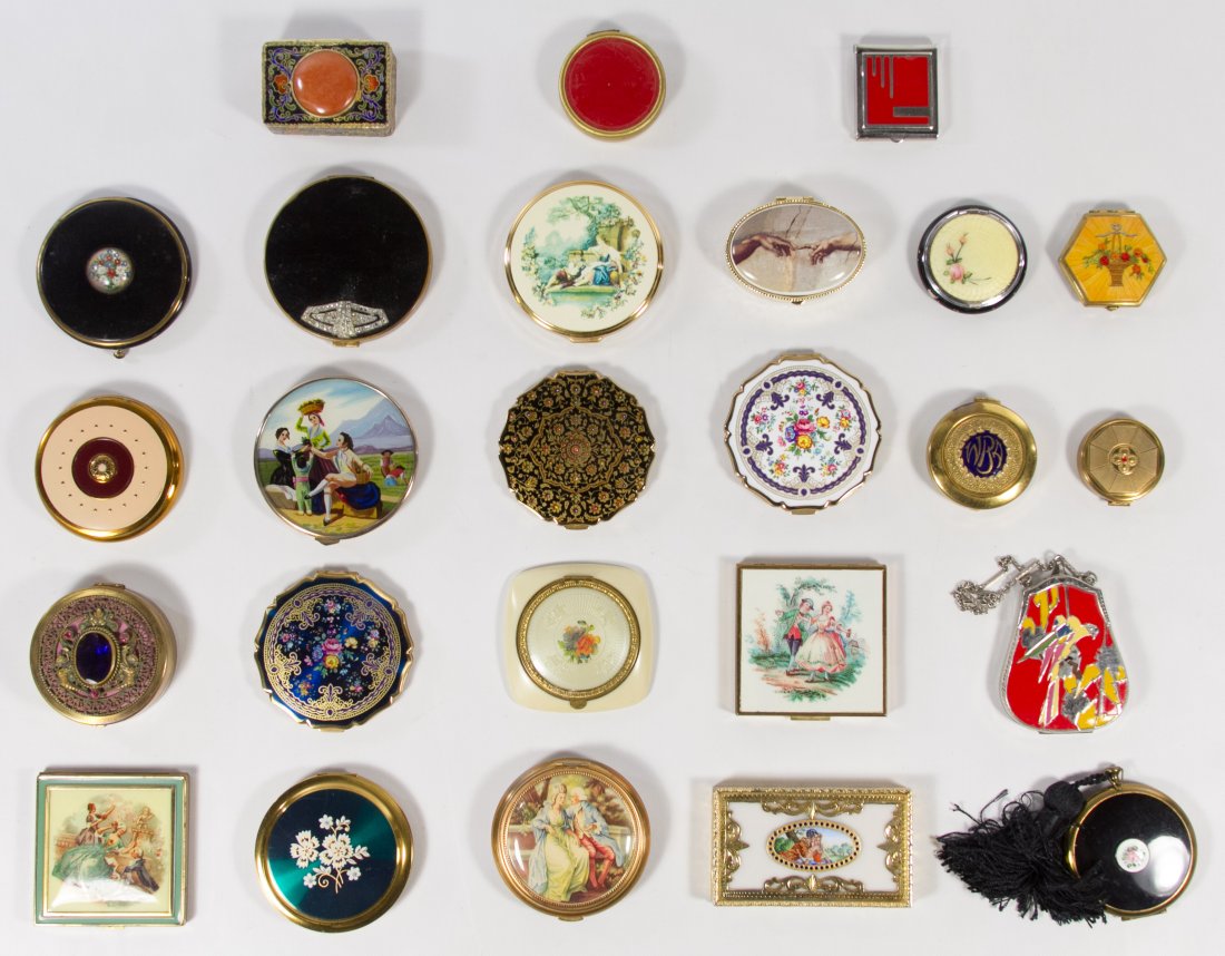 Compact Assortment: Compact Assortment Twenty three compacts with enamel, glass jewels, printed and painted decorations Diameter: 3.00 inches (largest) Category: Clothing & Accessories > Compacts & Dresser Boxes Shipping