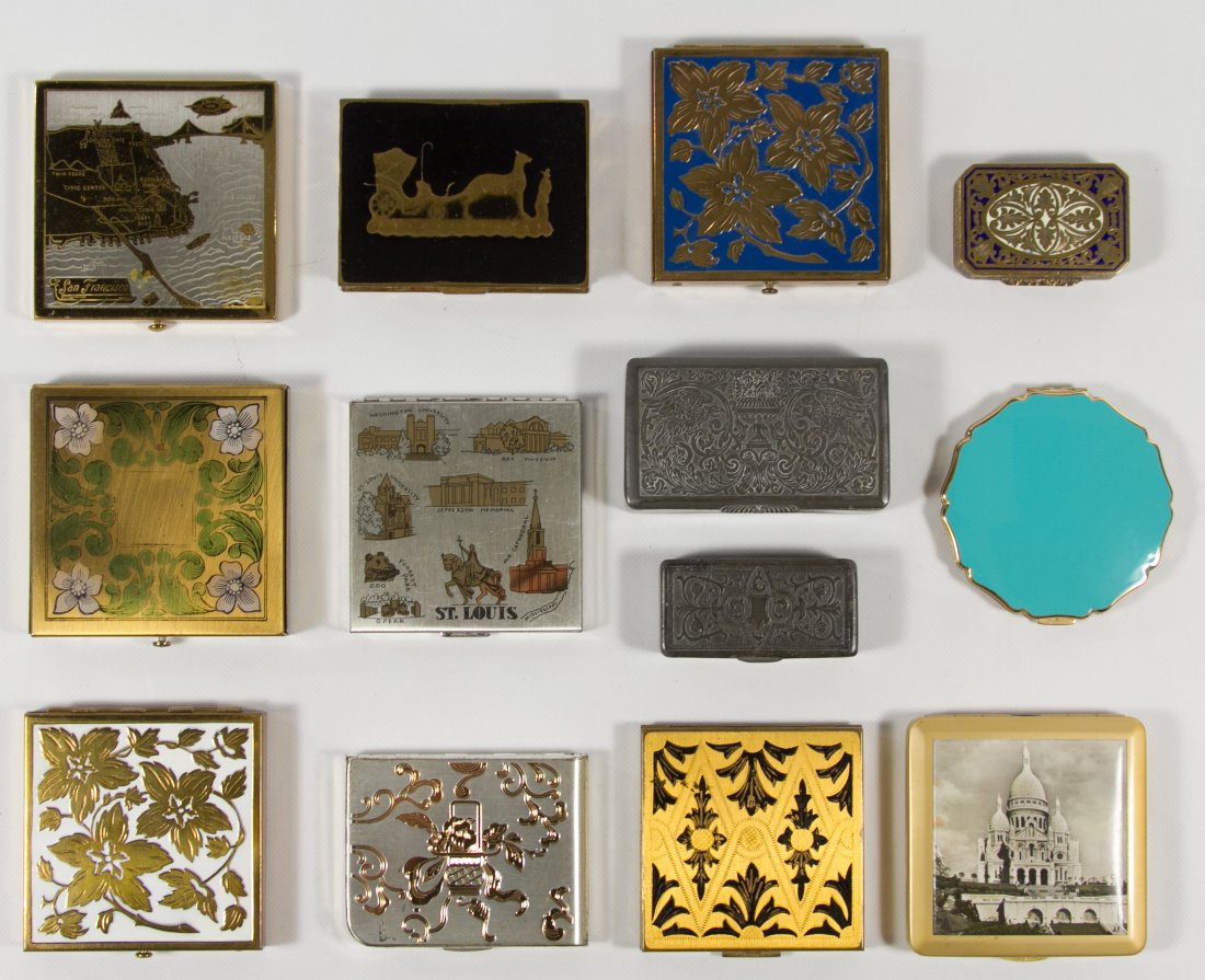 Compact Assortment: Compact Assortment Thirteen compacts with repousse, enamel and architectural decoration Length: 3.00 inches Category: Clothing & Accessories > Compacts & Dresser Boxes Shipping Status: Leonard Auction