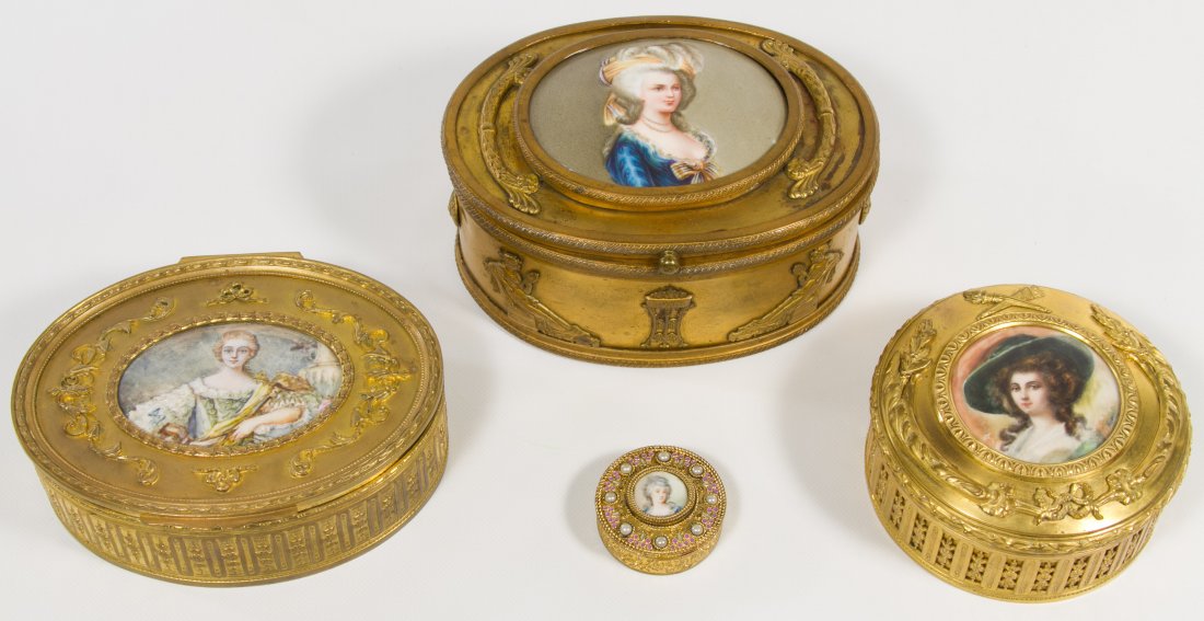Dresser Box with Portrait Cartouche Assortment: Dresser Box with Portrait Cartouche Assortment Four boxes with two marked 'France' and one having a signed hand painted portrait Length: 6.00 inches Category: Clothing & Accessories > Compacts & Dress