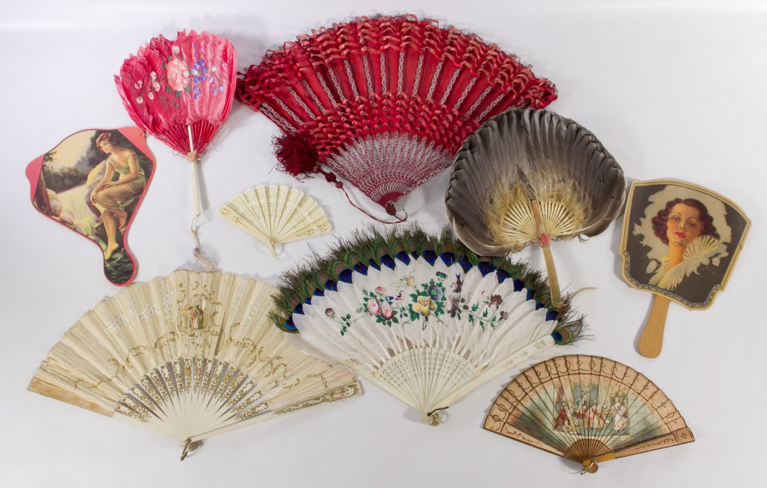 Hand Fan Assortment: Hand Fan Assortment Fourteen items including fans made of painted feathers, painted silk, celluloid and paper Height: 14.00 inches (longest) Category: Clothing & Accessories > Compacts & Dresser Boxes