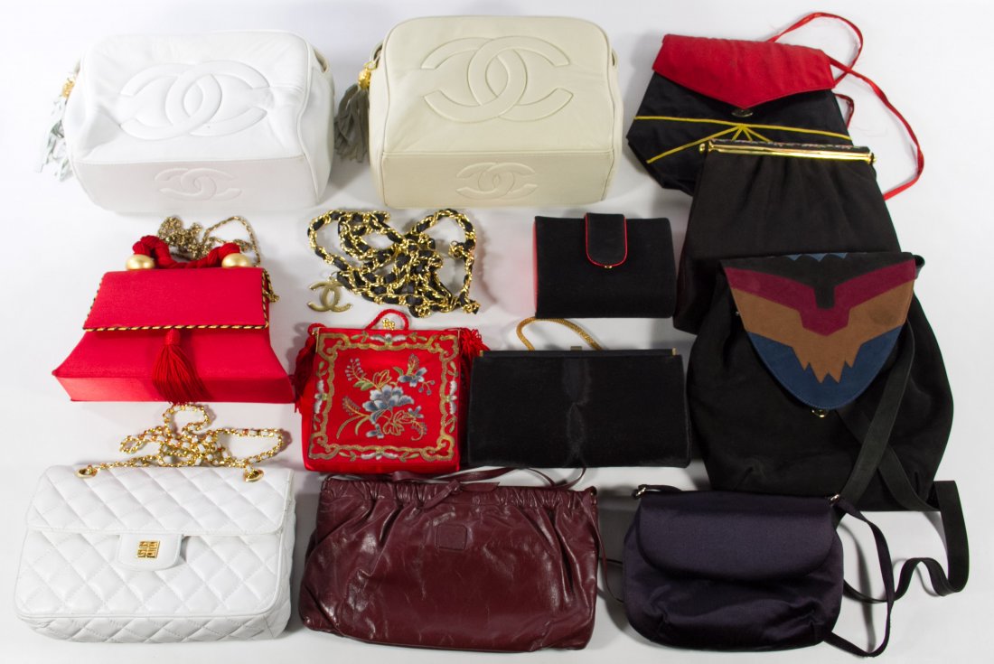 Designer Purse Assortment: Designer Purse Assortment Ten items including purses made by Bally, Givenchy, (2) faux Chanel purses with spare chain strap and assorted hand bags Width: 11.00 inches (largest) Category: Clothing & Ac