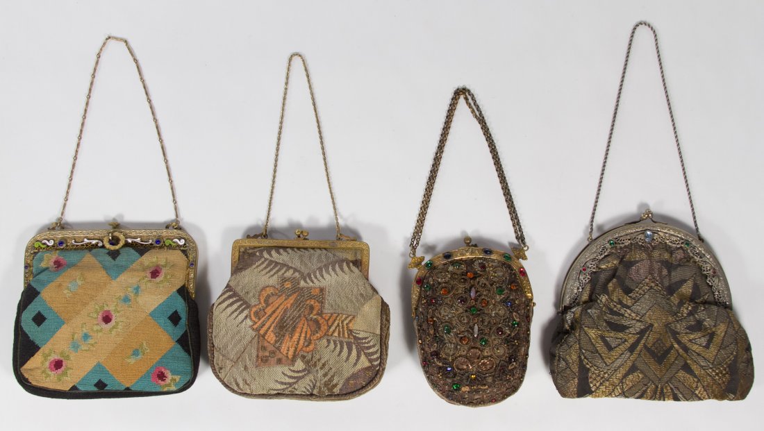 Purse Assortment: Purse Assortment Four textile purse items including a needlepoint bag, a jeweled bag and two woven abstract bags Width: 7.00 inches (largest) Category: Clothing & Accessories > Purses and Handbags Shi