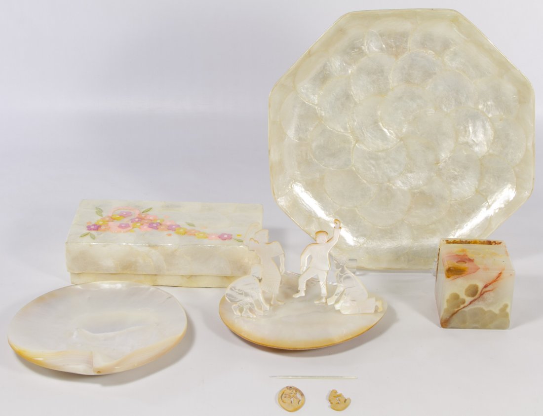 Abalone and Alabaster Assortment: Abalone and Alabaster Assortment Five items including a lidded box, a hexagonal tray, an open shell with four inserted dancing figures, a shell tray and an alabaster pen and letter holder Diameter: 12