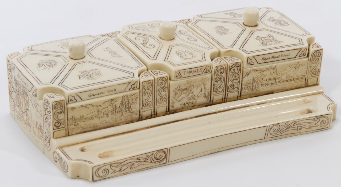 English Resin Desk Set: English Resin Desk Set Having three lidded compartments with engraved carvings on exterior showing architectural landscapes in England including the Royal Naval School Height: 3.00 inches, Width: 8.50
