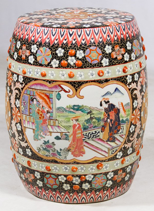 Asian Ceramic Garden Stool Seat: Asian Ceramic Garden Stool Seat 20th Century, having Asian floral motif Height: 17.50 inches Category: Decorative Arts > Asian Shipping Status: 3rd Party Shipping; the shipping cost may be high; pleas