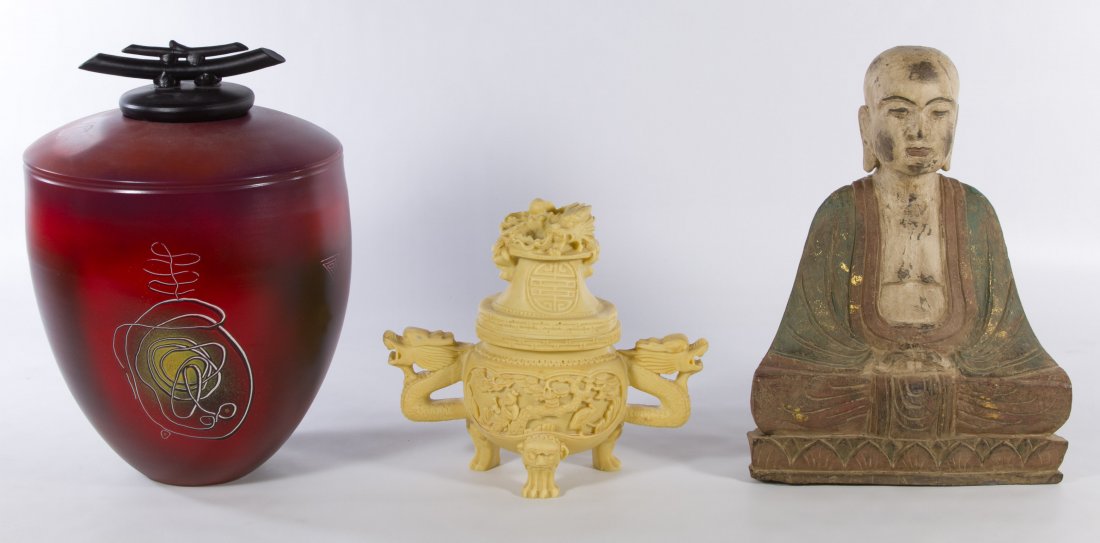 Asian Decorative Assortment: Asian Decorative Assortment Three items including a carved 'Norleans' Asian style censor made in Italy, an Indonesian seated Buddha statue and an artist signed ceramic vessel with lid Height: 13.00 in