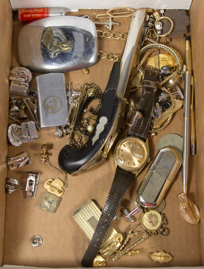 Men's Costume Jewelry Assortment: Men's Costume Jewelry Assortment Including a Elgin self wind wristwatch, cufflinks and pens; together with a replica gun Category: Jewelry and Timepieces > Costume Shipping Status: 3rd Party Shipping;