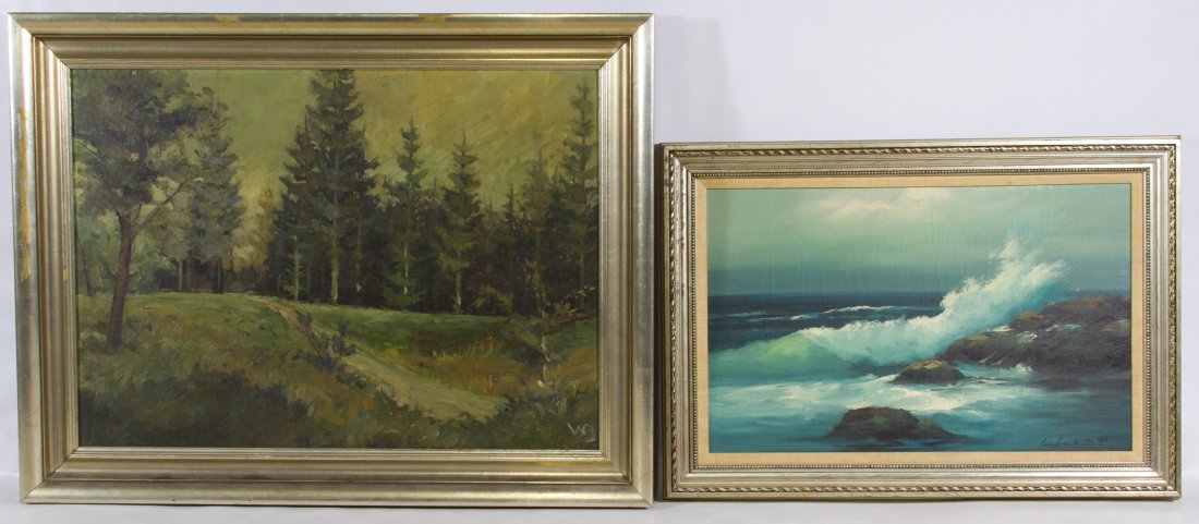 Unknown Artist (20th Century) 'Forest' Oil on Board: Unknown Artist (20th Century) 'Forest' Oil on Board Undated, initialed 'WB' bottom right, depicting a forest view; together with a unknown artist 'Seascape' oil on canvas, dated 1971, signed lower rig