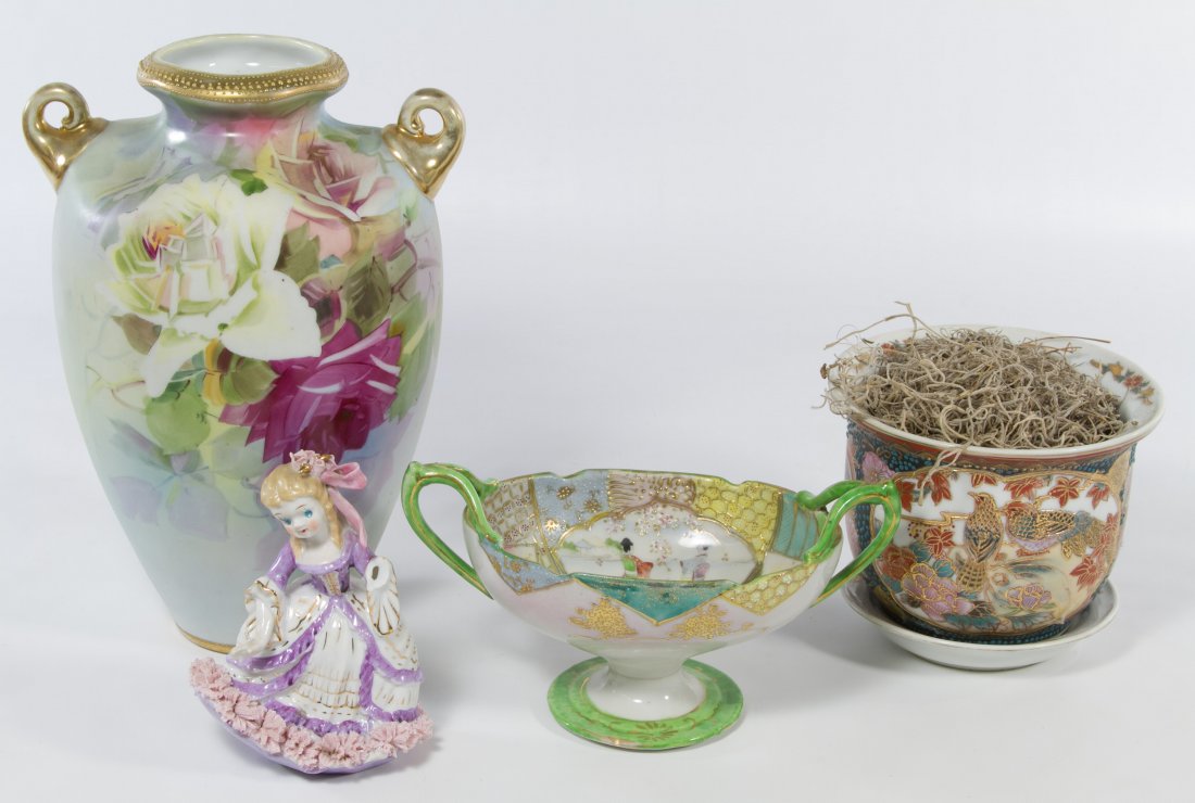 Asian Porcelain Assortment: Asian Porcelain Assortment Four items including a pinched neck vase marked 'Hand Painted (M in wreath) Nippon' with roses, a two handled moriage serving bowl, a Satsuma style planter with underplate a