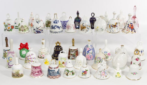 Collection of Porcelain Bells: Collection of Porcelain Bells Forty three items including bells made in England, Japan, Taiwan, Austria, France and a glass Fenton bell from the USA Height: 3.50 inches (tallest) Category: Porcelain a