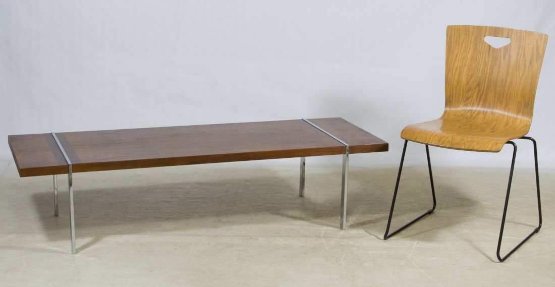Mid-Century Modern Table and Chair: Mid-Century Modern Table and Chair Two items including a 'Benton Chair' by the Worden Co. and a wood and metal coffee table by Lane Height: 14.00 inches, Length: 21.75 inches, Width: 58.00 inches (tab