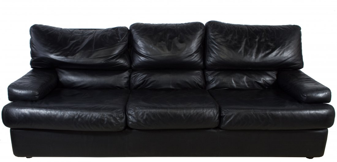 Italian Leather Sofa by Roche-Bobois: Italian Leather Sofa by Roche-Bobois Having black leather upholstery and three cushion seats Height: 29.00 inches, Width: 79.00 inches, Depth: 35.00 inches Category: Furniture > Contemporary Shipping 