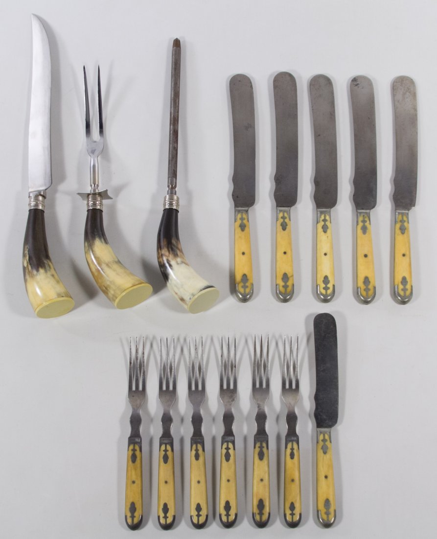 American Cutlery Flatware and Lifetime Cutlery Utensil: American Cutlery Flatware and Lifetime Cutlery Utensil Assortment Having bone and horn handles Length: 13.50 inches (largest) Category: Silver > Silverplate Flatware Shipping Status: Leonard Auction, 