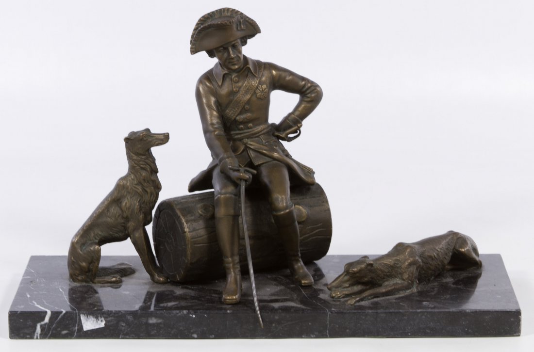 Bronze Sculpture: Bronze Sculpture Undated, unsigned, depicting a military male flanked by two dogs on a marble base Height: 9.00 inches, Width: 13.75 inches, Depth: 5.50 inches Category: Decorative Arts > Statues Tax