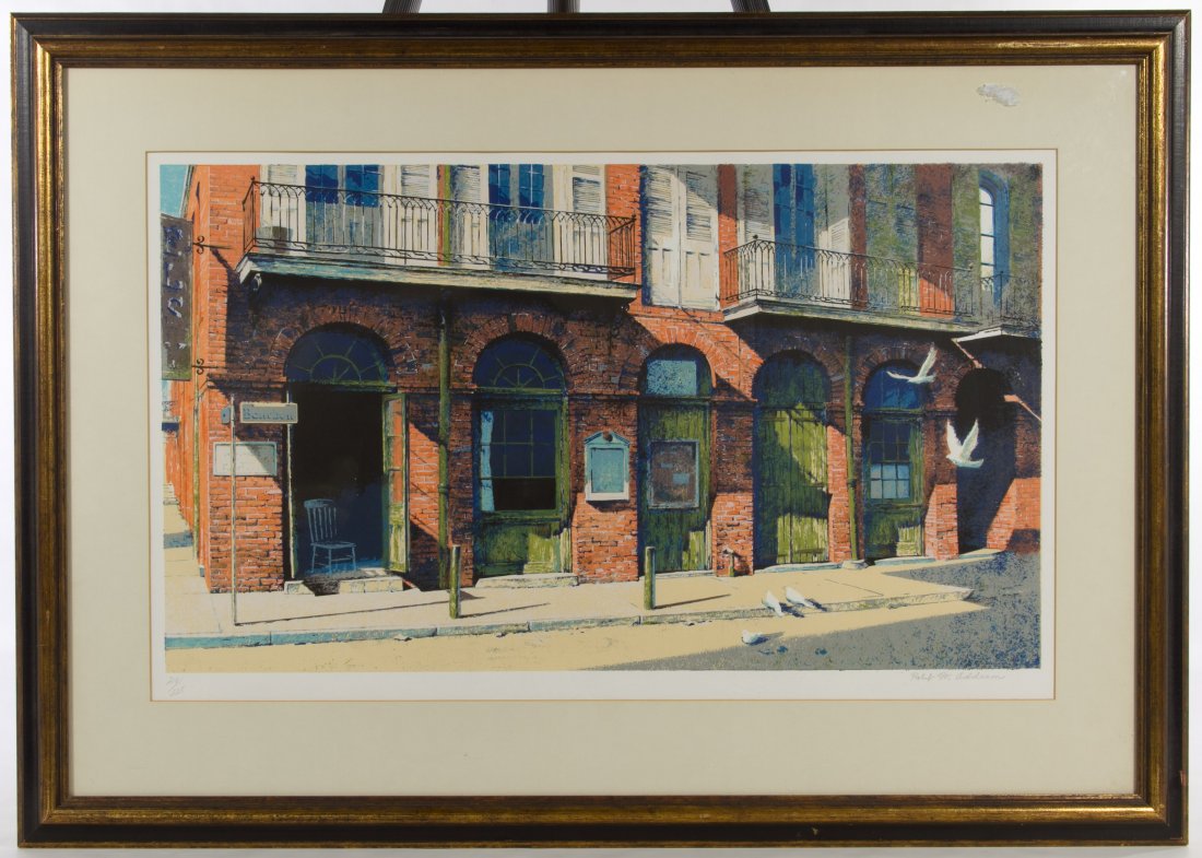 Robert W. Addison (American, 1924-1988) 'Bourbon St': Robert W. Addison (American, 1924-1988) 'Bourbon St' Serigraph Undated, signed lower right, numbered 218/225, depicting seagulls on Bourbon street; attached Merrill Chase COA Height: 15.50 inches, Wid