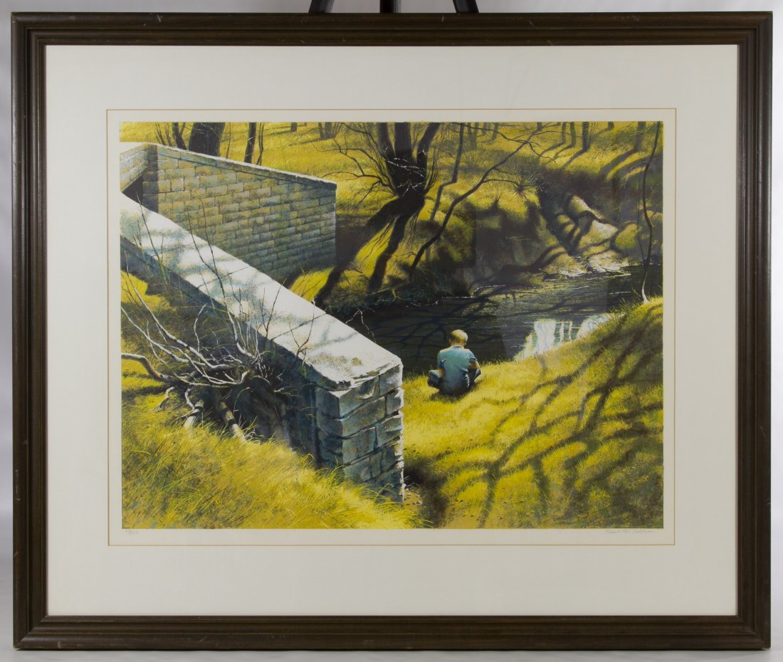 Robert W. Addison (American, 1924-1988) 'Hideaway': Robert W. Addison (American, 1924-1988) 'Hideaway' Serigraph Undated, signed in lower right, numbered 69/250, depicting a child near a stone bridge; Merrill Chase Gallery COA en verso Height: 19.25 in