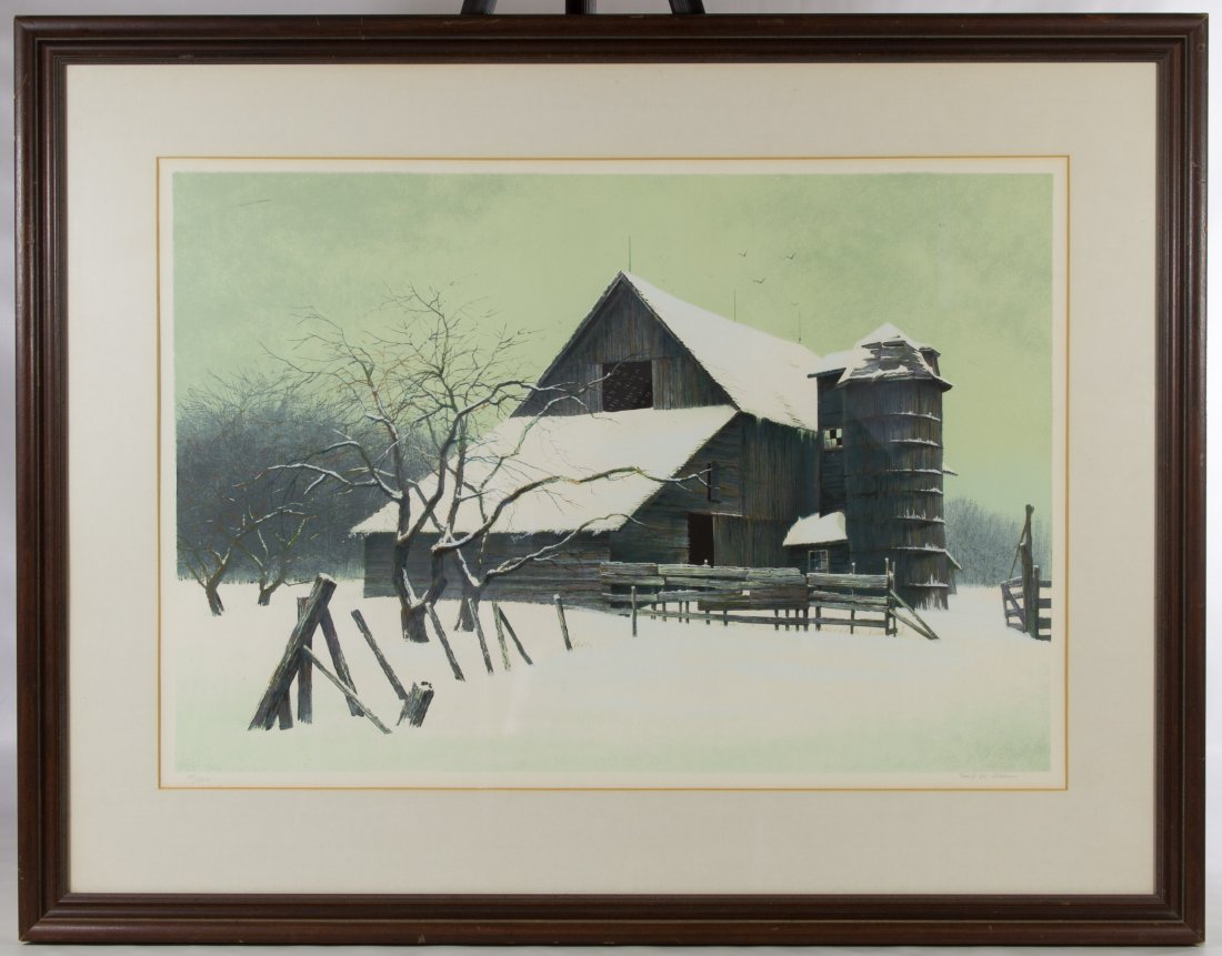 Robert W. Addison (American, 1924-1988) 'Winter Set': Robert W. Addison (American, 1924-1988) 'Winter Set' Serigraph Undated, signed in lower right, numbered 29/250, depicting a barn in winter; Merrill Chase Gallery COA en verso Height: 19.25 inches, Wid