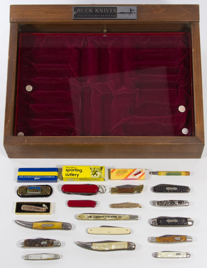Pocket Knife and Display Box Assortment: Pocket Knife and Display Box Assortment Seventeen pocket knives including examples from Hammer, Eka, Precise, Solingen, Cattaraugus and Camp Buddy; together with a Buck Knives velvet lined glass and w