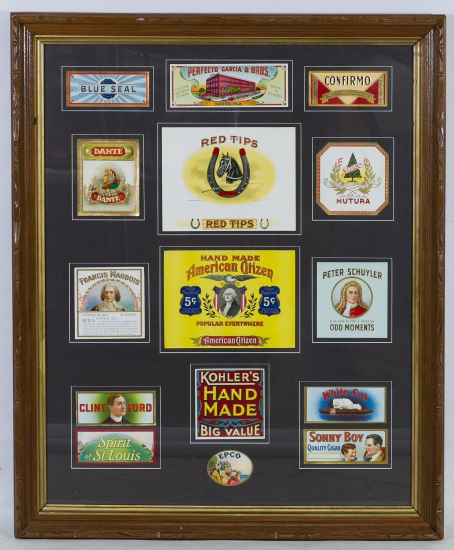 Cigar Box Label Framed Display: Cigar Box Label Framed Display Having fifteen antique cigar box labels matted and framed under glass by Interior Elements Height: 33.50 inches, Width: 27.00 inches (frame) Category: Collectibles > Tob