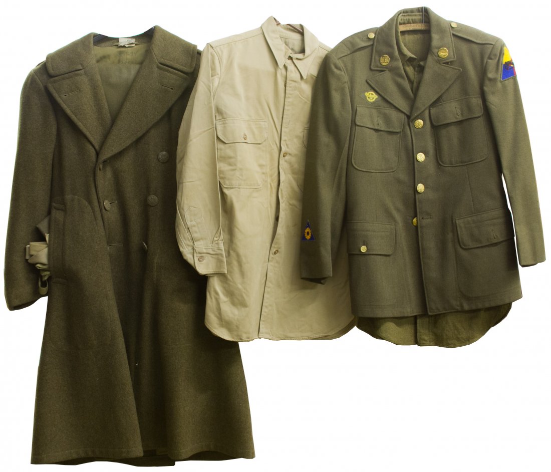 World War II Army Armored Division Uniform: World War II Army Armored Division Uniform Including a wool overcoat, pants, tunic, green wool shirt, beige shirt, three ties, a money belt and five caps Length: 45.00 inches (overcoat) Category: Mili