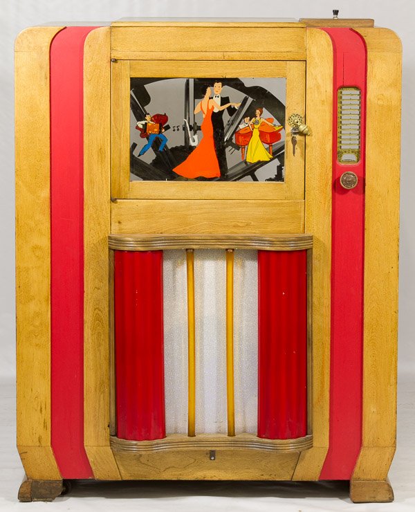 Mills DanceMaster Jukebox: Mills DanceMaster Jukebox c.1930; a twelve selection 78 rpm jukebox with original light ensemble attachment; includes many extra records Height: 49.00 inches, Width: 39.00 inches, Depth: 24.00 inches 