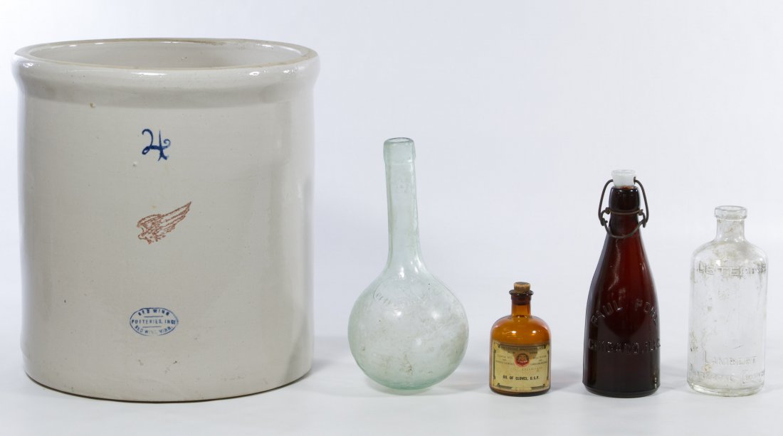 Redwing Four Gallon Crock: Redwing Four Gallon Crock Together with four vintage bottles Height: 12.50 inches Category: Primitives > Crocks and Jugs Shipping Status: 3rd Party Shipping; the shipping cost may be high; please cont