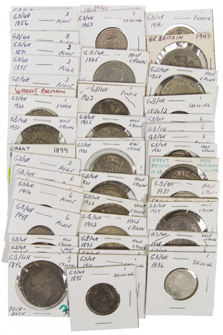England: Coin Assortment: England: Coin Assortment (29) coins, including 1846 and 1893 Half Crown, 1845 and 1871 Three Pence Category: World Coins & Currency > World Coins Shipping Status: Leonard Auction, Inc. will directly s