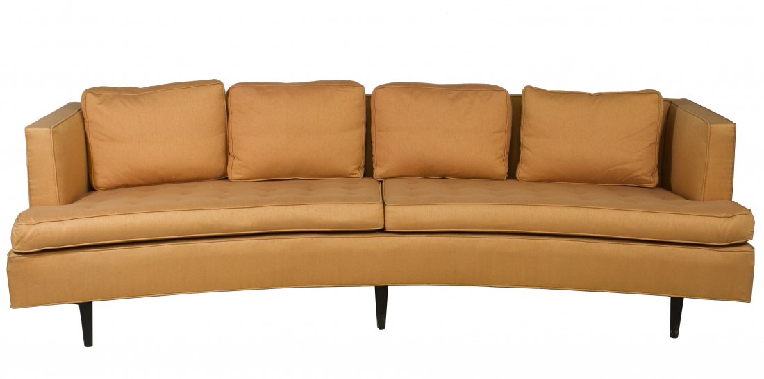 Mid-Century Modern Curved Upholstered Sofa by Edward: Mid-Century Modern Curved Upholstered Sofa by Edward Wormley for Dunbar Two buttoned seat cushions and four loose back pillows Height: 29.00 inches, Width: 106.00 inches, Depth: 35.00 inches Category: