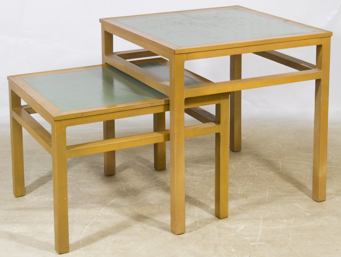 Mid-Century Modern Silver Elm 'Precedent' Nesting: Mid-Century Modern Silver Elm 'Precedent' Nesting Tables by Edward Wormley for Drexel Two nesting tables having green leather inset top Height: 28.50 inches, Width: 28.25 inches, Depth: 28.25 inches C