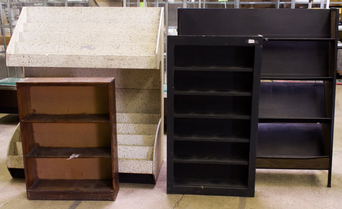 Magazine Racks and Book Display Cases: Magazine Racks and Book Display Cases Two racks and two book shelves Height: 54.00 inches, Width: 48.00 inches, Depth: 18.00 inches (largest) Category: Furniture > Contemporary Tax Status: Subject to 