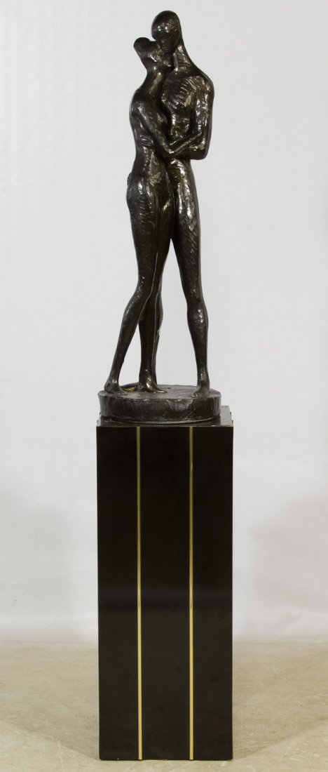 Painted Plaster Sculpture: Painted Plaster Sculpture Depicting a nude female and male; signed bottom center; includes a black pedestal stand Height: 66.00 inches (includes stand) Category: Decorative Arts > Statues Shipping Sta