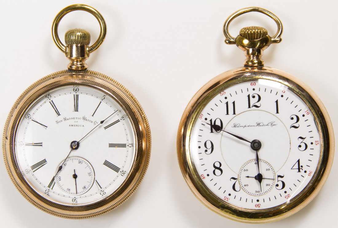 Gold Filled Open Face Case Pocket Watches: Gold Filled Open Face Case Pocket Watches Two pocket watches including a Hampden serial #2097060 from 1905, stem wind, lever set, 21 jewels, model 3 and a Non Magnetic Watch Co serial #377042 stem win