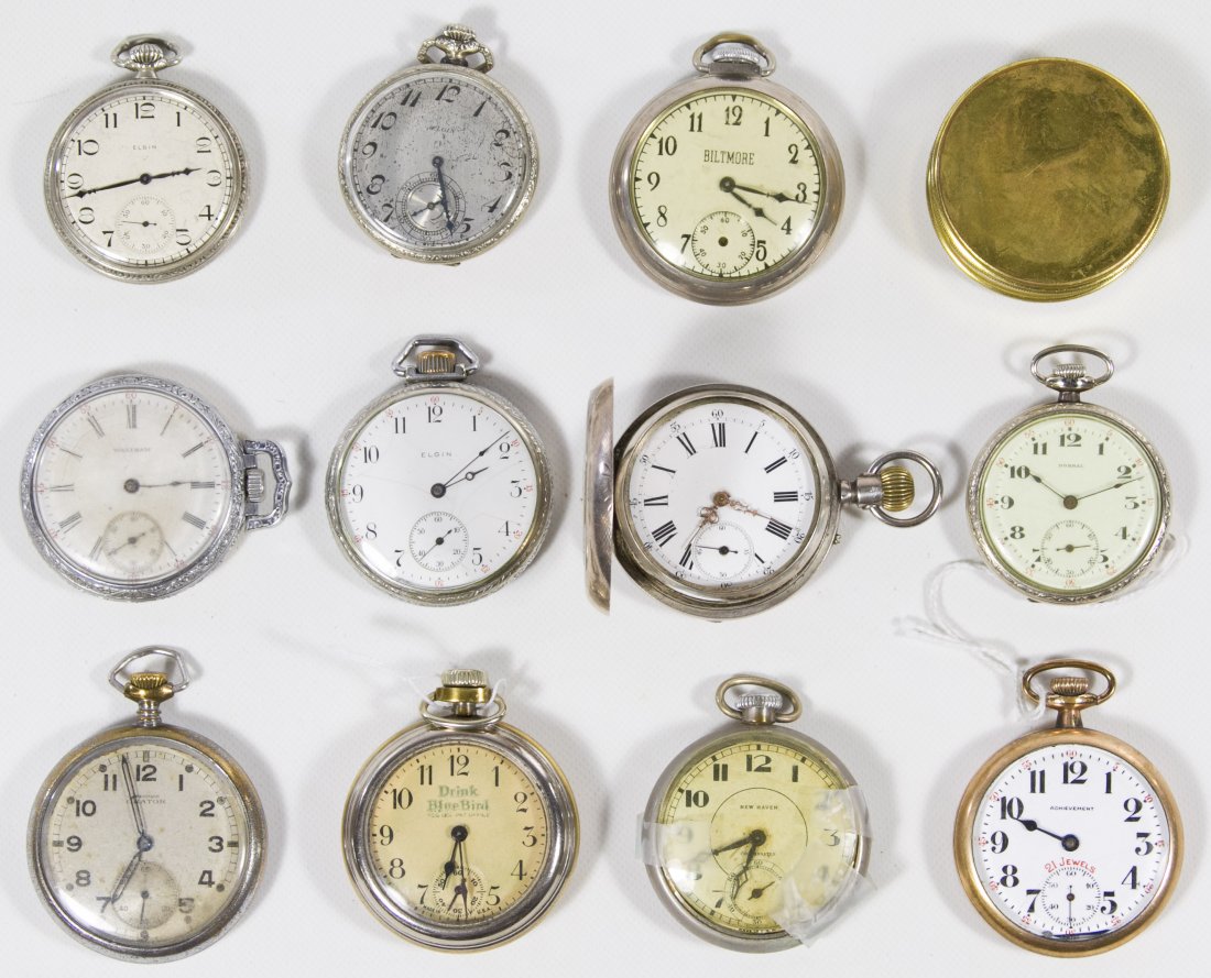 Men's Pocket Watch Assortment: Men's Pocket Watch Assortment Eleven pocket watches and a watch tin; various makers including Elgin, Biltmore, Normal, New Haven and Precision Category: Jewelry and Timepieces > Men's Pocket Watches T