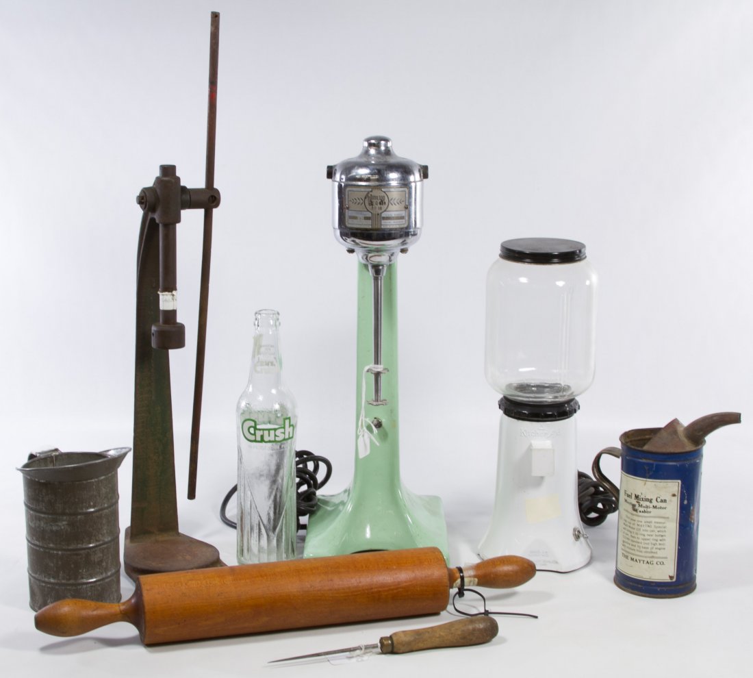 Hamilton Beach No.18 Milkshake Blender: Hamilton Beach No.18 Milkshake Blender Together with a Kitchen Aid model A-9 Coffee Mill, G&P Gear Capper and other kitchen accessories Height: 23.00 inches (tallest) Category: Primitives > Kitchen Ta