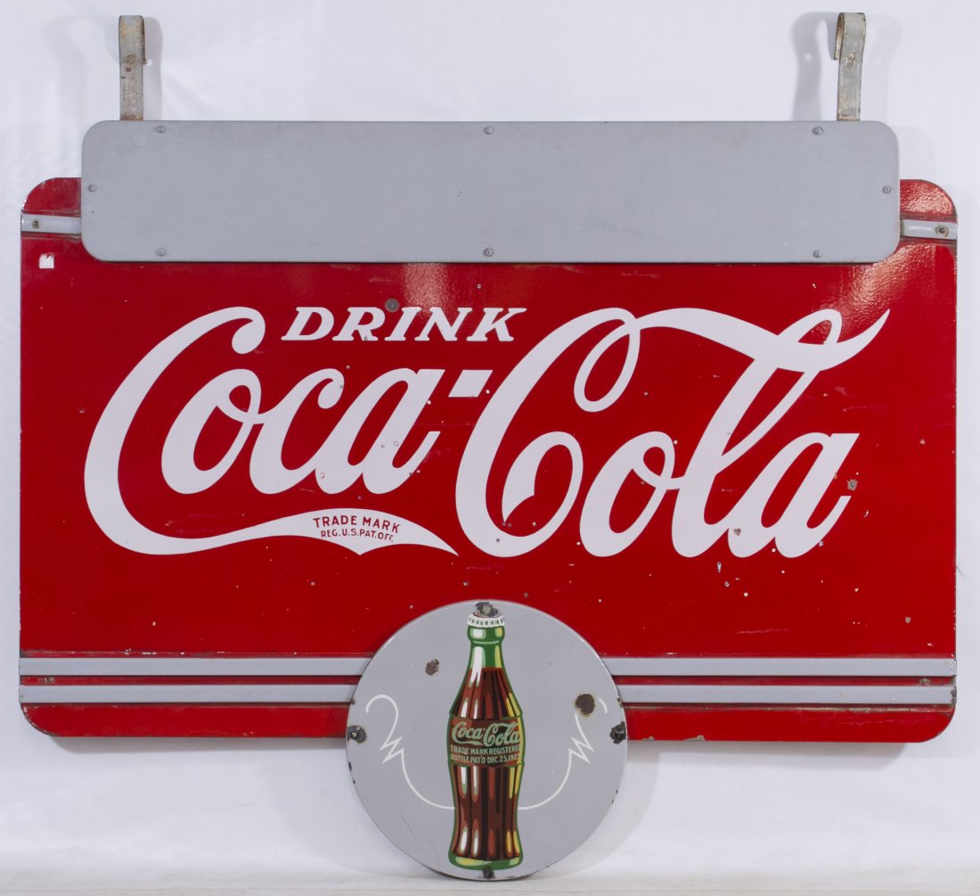 1936 Coca-Cola Hanging Sign by Tenn. Enamel Co.: 1936 Coca-Cola Hanging Sign by Tenn. Enamel Co. Having a faded 'Bob's Place' extension at top of a two sided sign with a mark at bottom left corner 'MADE IN USA 1936' Height: 50.00 inches, Width: 60.0