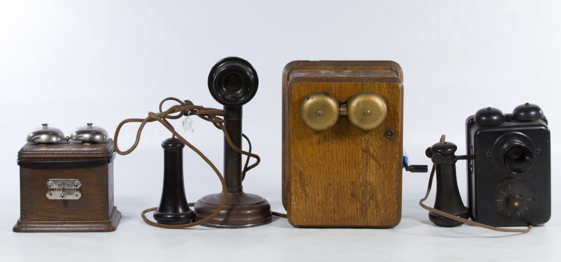 Telephone Assortment: Telephone Assortment Including a candlestick phone wired to an oak ringer box and a patent date of '1908,' a 'Connecticut Tel. & Elect. Co. Inc' marked wall mounted phone and a separate wood ringer bo