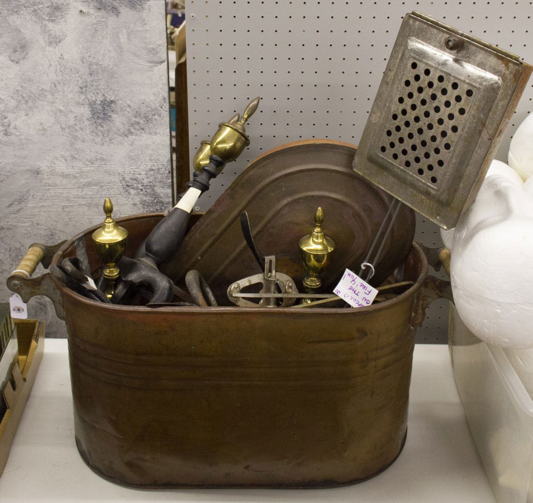 Fireplace Equipment Assortment: Fireplace Equipment Assortment Including a copper bin, andirons, brass fenders, calipers and metal ice skates Length: 29.00 inches (copper bin) Category: Decorative Arts > Objects Tax Status: Subject